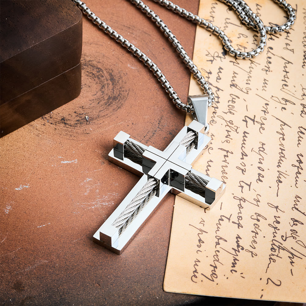 Christianartworkshop Dreifarbige, zweilagige Halskette mit gedrehtem Stahlkern und Kreuz: Licht des göttlichen Glaubens bei jedem Tragen - Silber - image 1