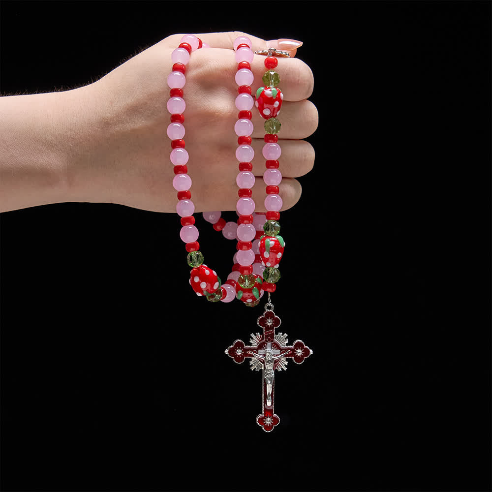 Christianartworkshop Rosenkranz mit süßer Erdbeere, rosa Glasperlen und Marienverzierungen - image 1