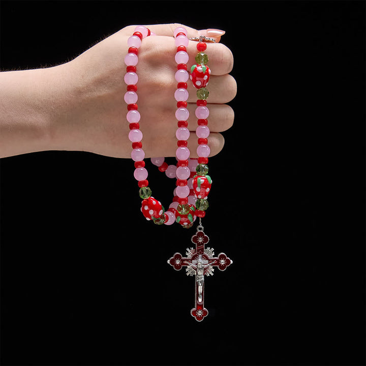 Christianartworkshop Rosenkranz mit süßer Erdbeere, rosa Glasperlen und Marienverzierungen - image 1