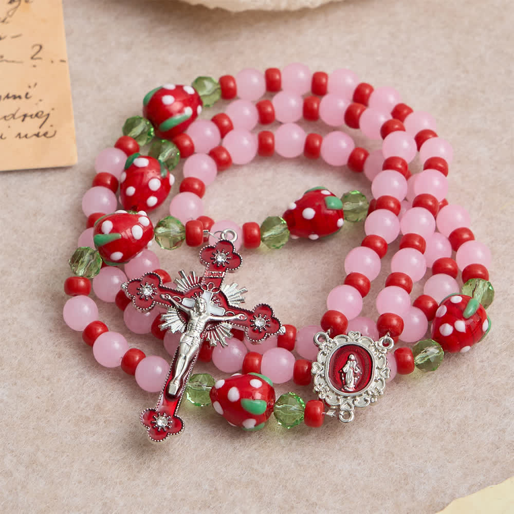 Christianartworkshop Rosenkranz mit süßer Erdbeere, rosa Glasperlen und Marienverzierungen - image 4