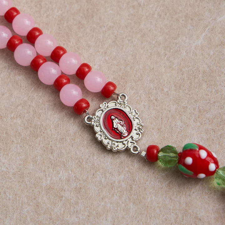Christianartworkshop Rosenkranz mit süßer Erdbeere, rosa Glasperlen und Marienverzierungen - image 7