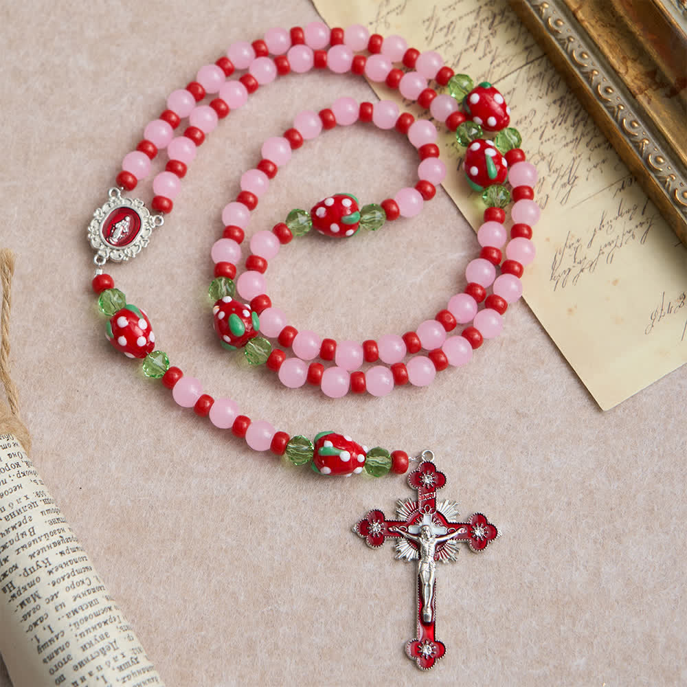 Christianartworkshop Rosenkranz mit süßer Erdbeere, rosa Glasperlen und Marienverzierungen - Erdbeerrosenkranz - image 0