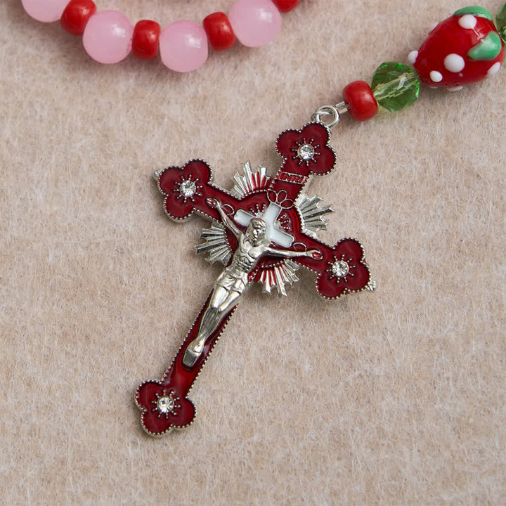 Christianartworkshop Rosenkranz mit süßer Erdbeere, rosa Glasperlen und Marienverzierungen - image 8