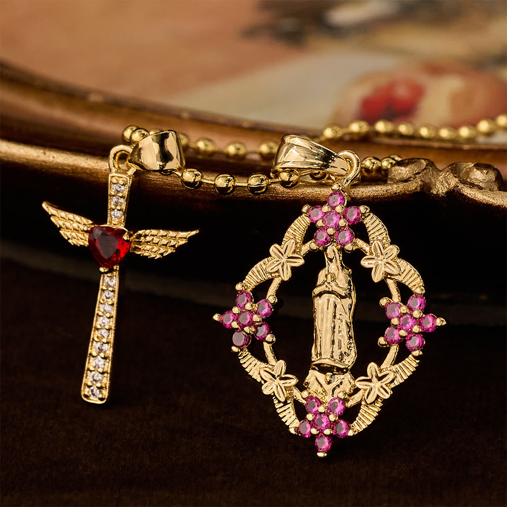 Christianartworkshop Prunkvolles Halsketten-Set mit Marien-Motiv und geflügeltem Kreuz: Symbol des spirituellen Schutzes - Geflügeltes Kreuz Unsere Liebe Frau - image 0
