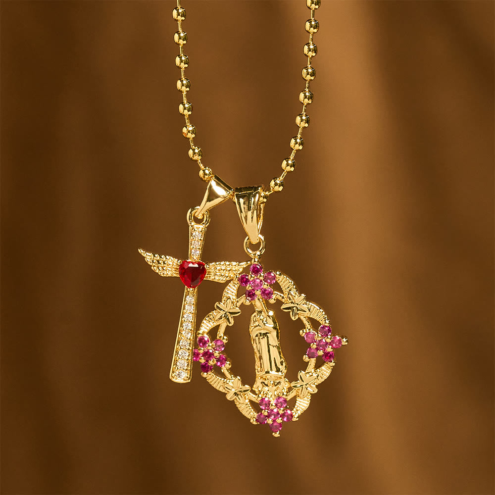 Christianartworkshop Prunkvolles Halsketten-Set mit Marien-Motiv und geflügeltem Kreuz: Symbol des spirituellen Schutzes - image 1