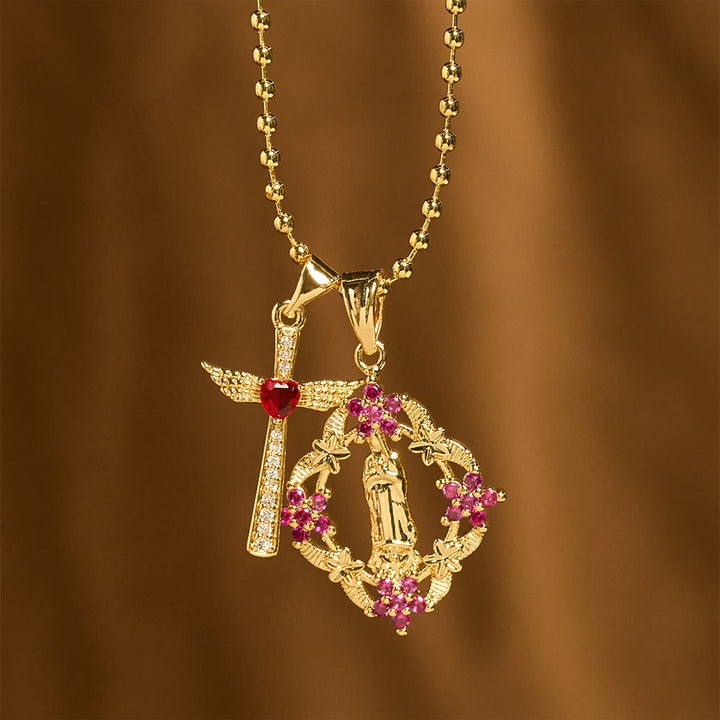 Christianartworkshop Prunkvolles Halsketten-Set mit Marien-Motiv und geflügeltem Kreuz: Symbol des spirituellen Schutzes - image 1