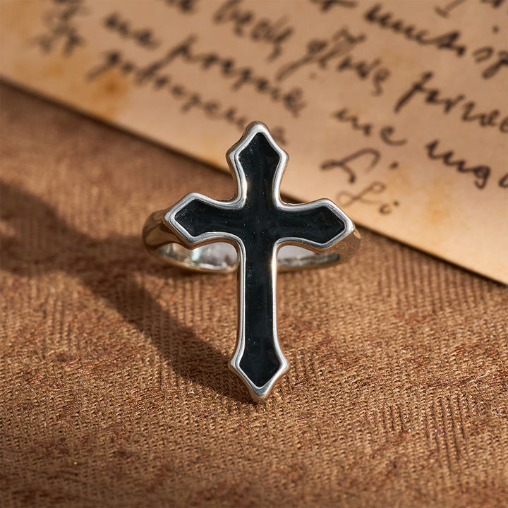 Christianartworkshop Offener Ring mit vierfarbigem Emaillekreuz: Symbol des Lichts des Glaubens - Schwarz - image 3
