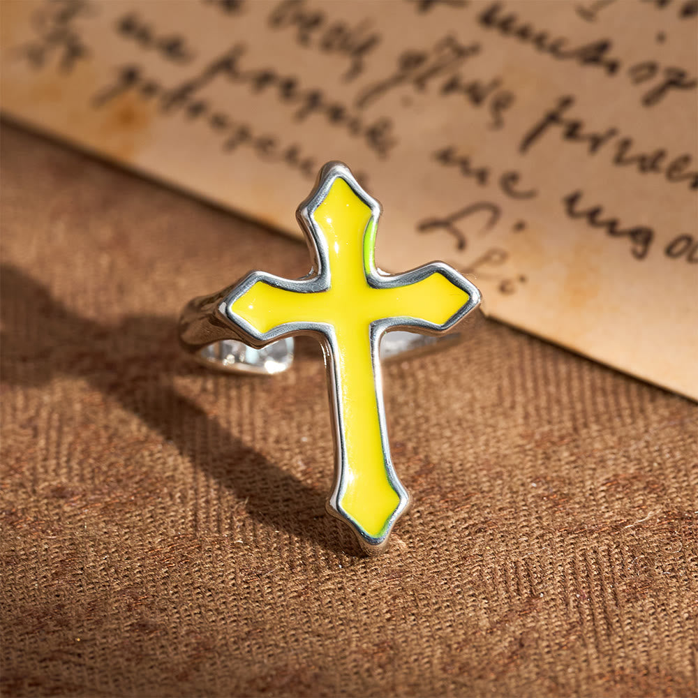 Christianartworkshop Offener Ring mit vierfarbigem Emaillekreuz: Symbol des Lichts des Glaubens - Gelb - image 7