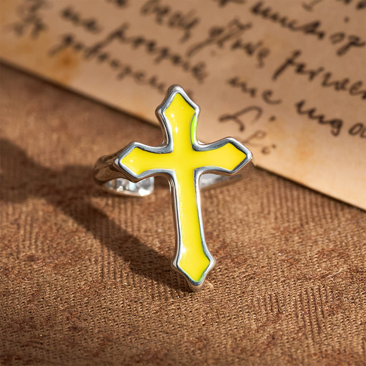 Christianartworkshop Offener Ring mit vierfarbigem Emaillekreuz: Symbol des Lichts des Glaubens - Gelb - image 7