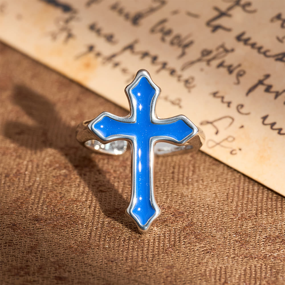 Christianartworkshop Offener Ring mit vierfarbigem Emaillekreuz: Symbol des Lichts des Glaubens - Blau - image 6