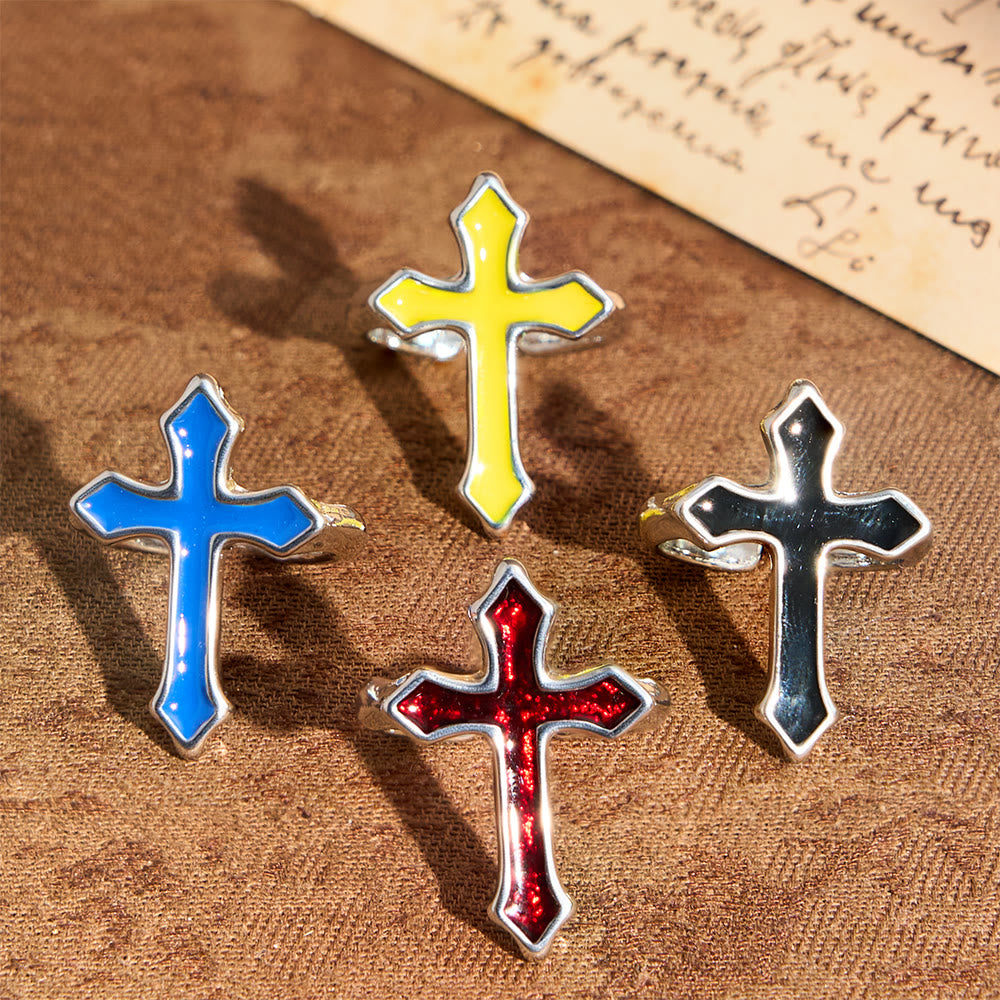 Christianartworkshop Offener Ring mit vierfarbigem Emaillekreuz: Symbol des Lichts des Glaubens - image 0