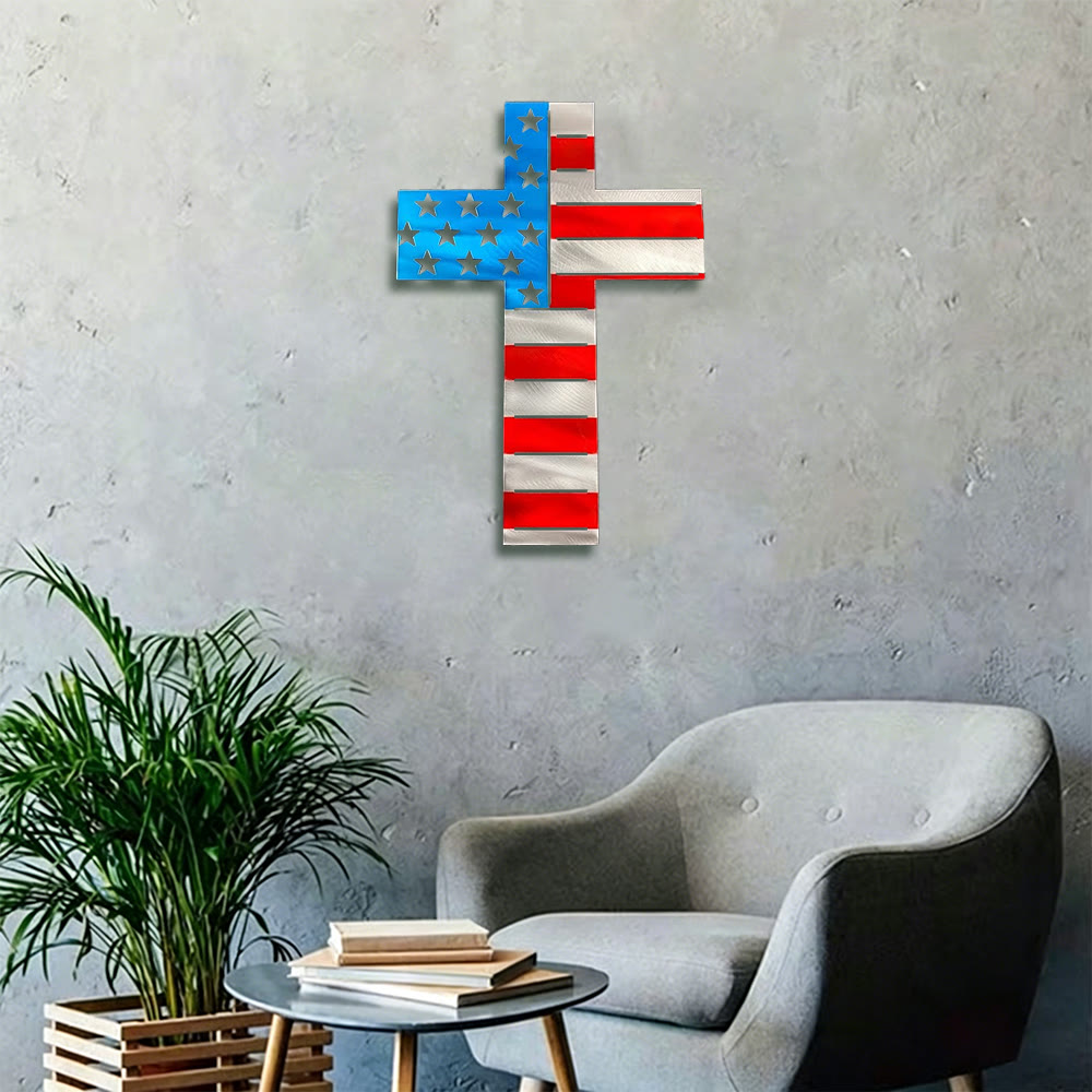 Christianartworkshop Präzisionsgeschnittenes amerikanisches Flaggenkreuz als Wanddekoration aus Metall: Heilige Symbolik für Zuhause und Herz - image 1