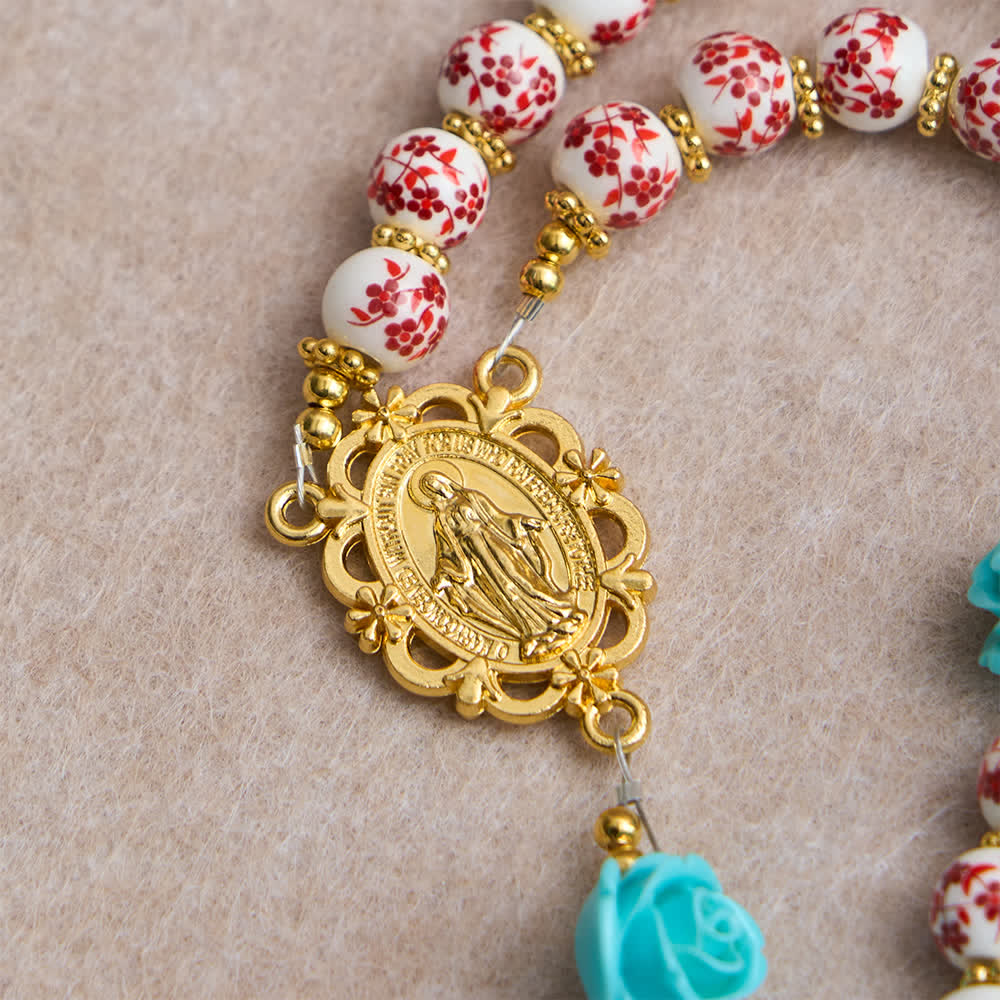 Christianartworkshop Rosenkranz der Sieben Schmerzen mit roter und weißer Keramikperle, türkisfarbener Rose und Marienmedaille - image 7