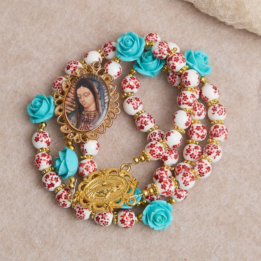 Christianartworkshop Rosenkranz der Sieben Schmerzen mit roter und weißer Keramikperle, türkisfarbener Rose und Marienmedaille - image 2