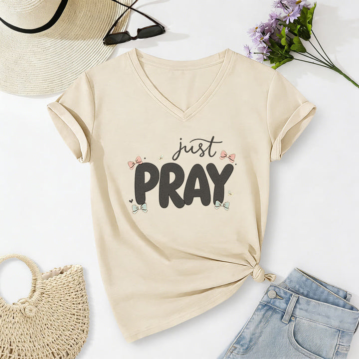 Christianartworkshop Just PRAY Casual V-Neck T-Shirt - Beige - 2XL - image 6