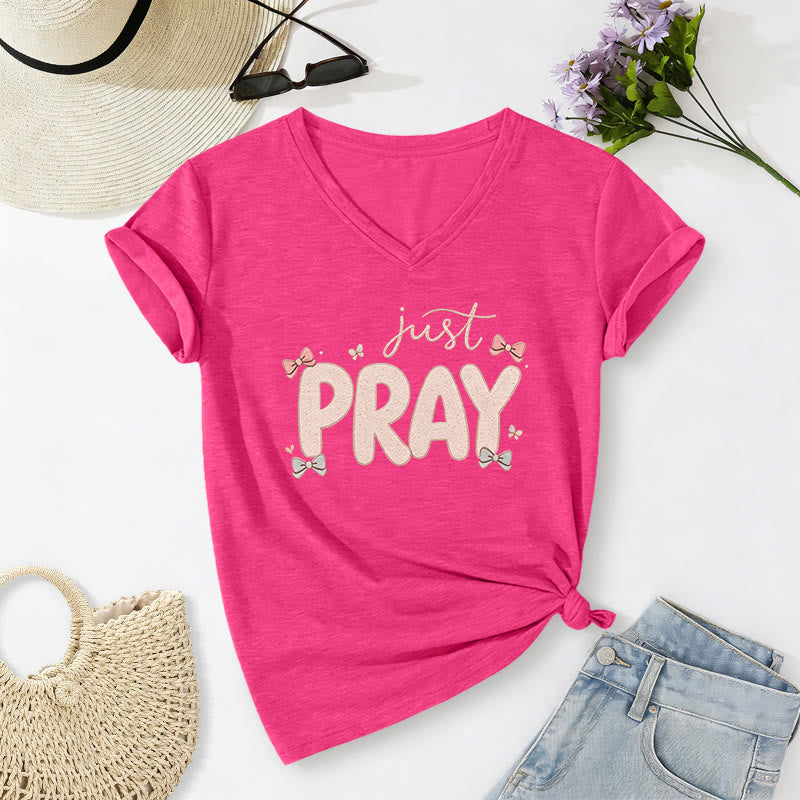 Christianartworkshop Just PRAY Casual V-Neck T-Shirt - Rose - 2XL - image 24