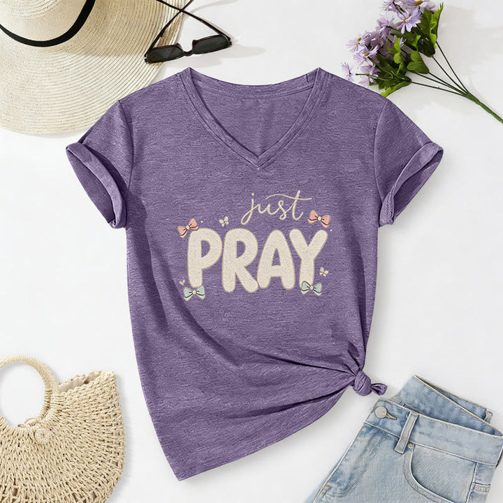 Christianartworkshop Just PRAY Casual V-Neck T-Shirt - Lila - 2XL - image 18
