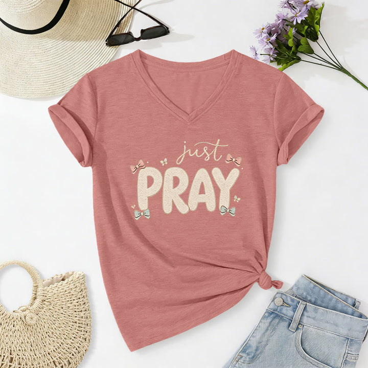 Christianartworkshop Just PRAY Casual V-Neck T-Shirt - Hellrosa - 2XL - image 12