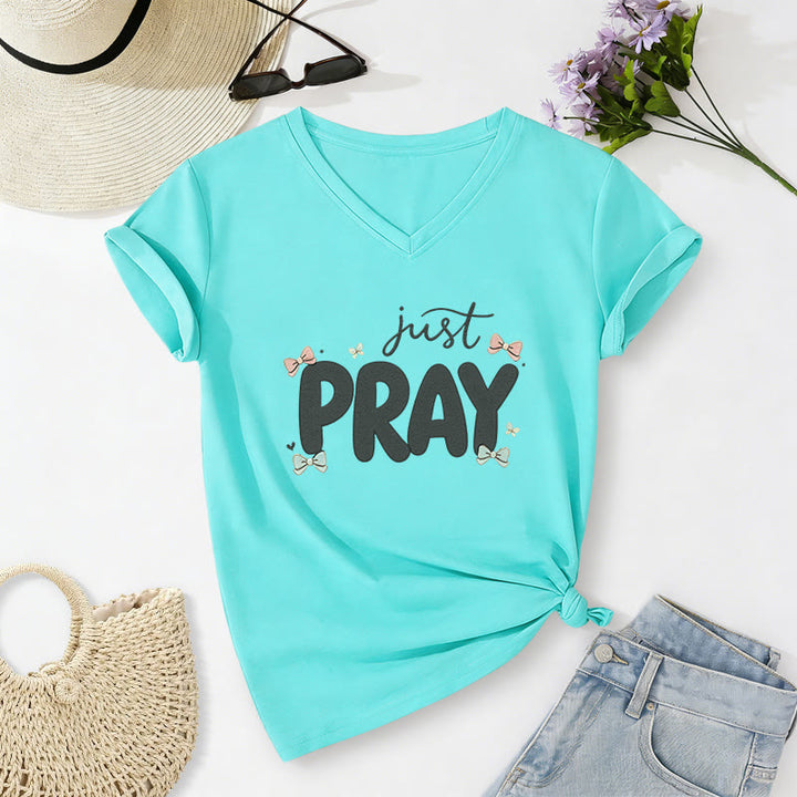 Christianartworkshop Just PRAY Casual V-Neck T-Shirt - Himmelblau - 2XL - image 10