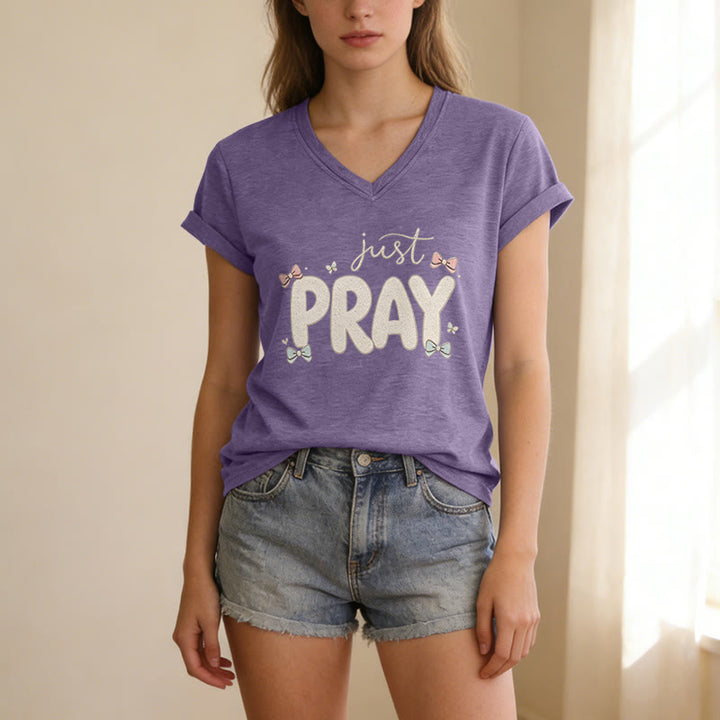 Christianartworkshop Just PRAY Casual V-Neck T-Shirt - image 19