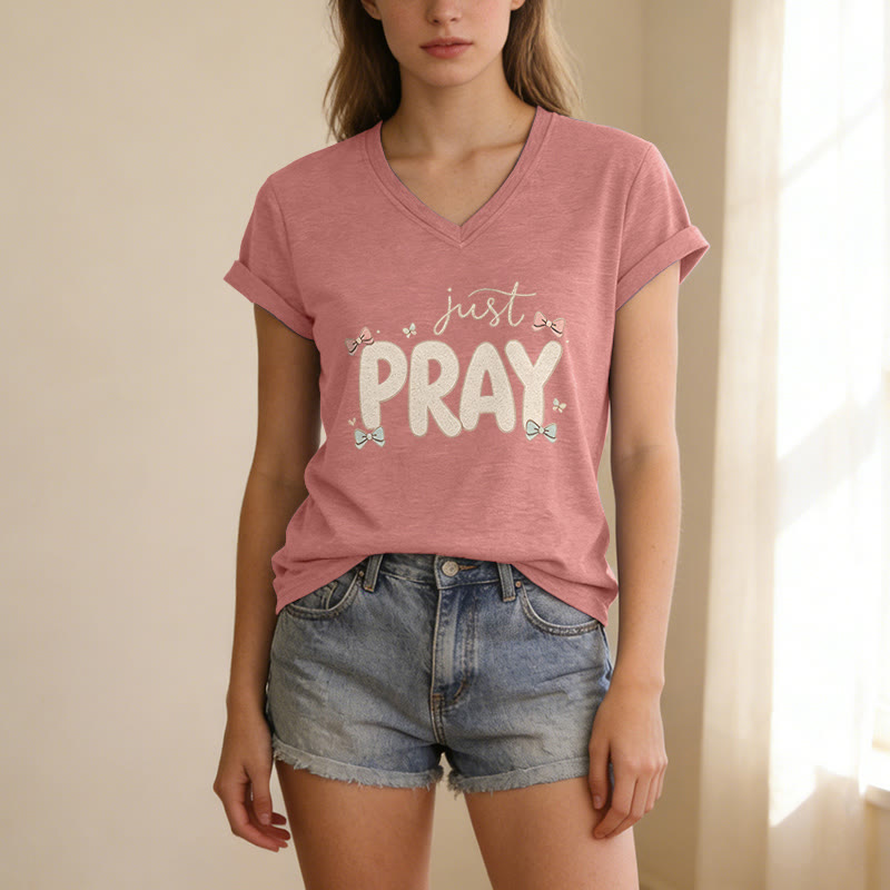 Christianartworkshop Just PRAY Casual V-Neck T-Shirt - image 13
