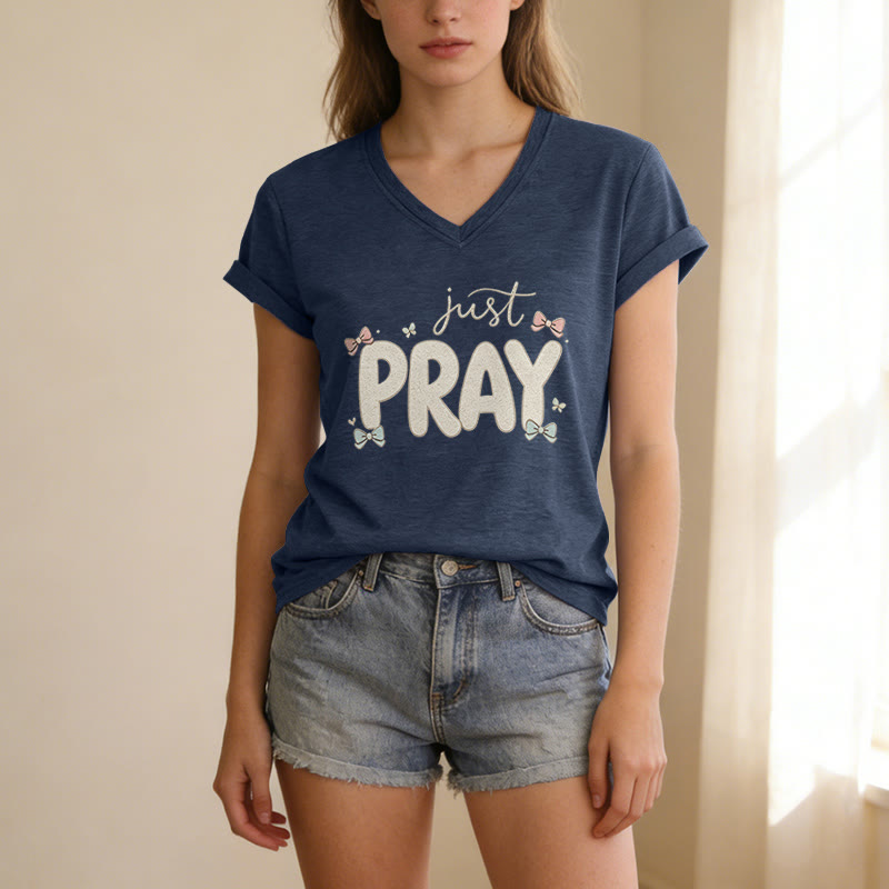 Christianartworkshop Just PRAY Casual V-Neck T-Shirt - image 21