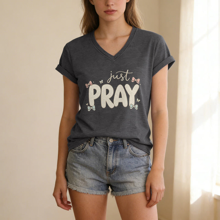 Christianartworkshop Just PRAY Casual V-Neck T-Shirt - image 23