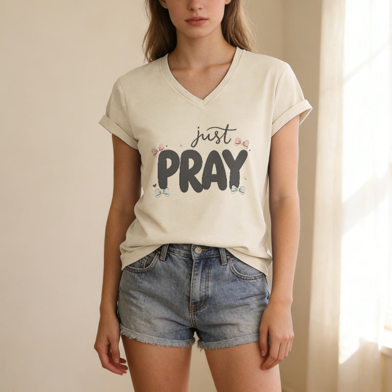 Christianartworkshop Just PRAY Casual V-Neck T-Shirt - image 7