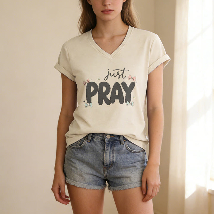 Christianartworkshop Just PRAY Casual V-Neck T-Shirt - image 7