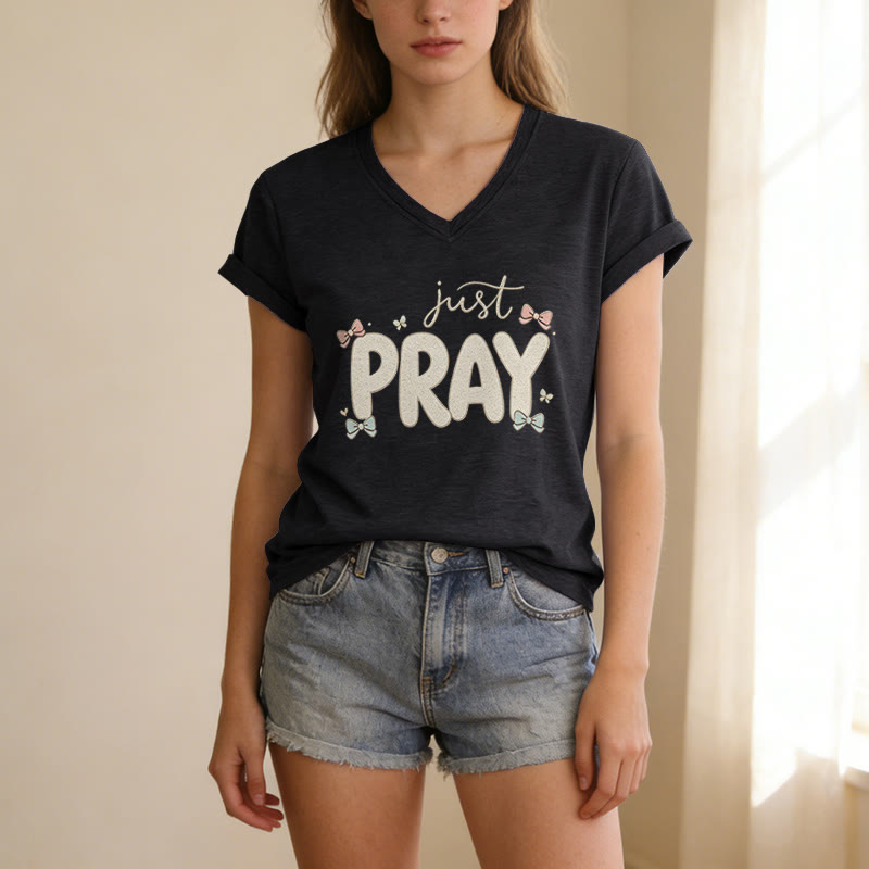 Christianartworkshop Just PRAY Casual V-Neck T-Shirt - image 15