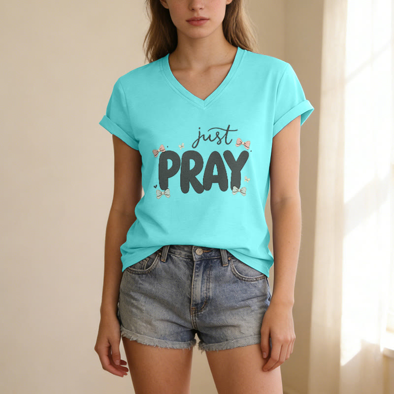 Christianartworkshop Just PRAY Casual V-Neck T-Shirt - image 11