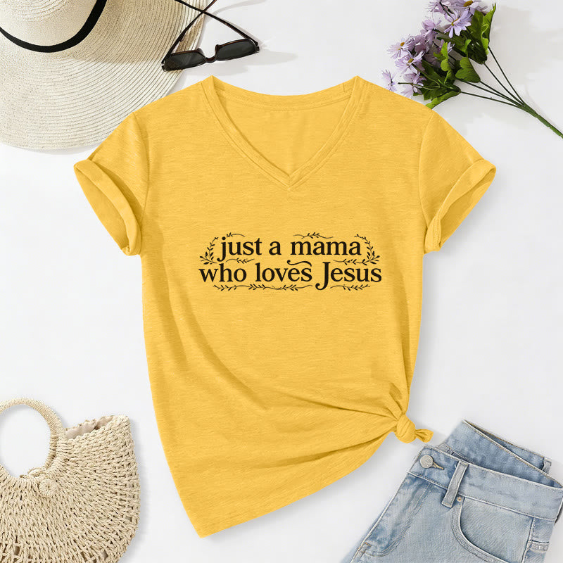 Christianartworkshop Lässiges V-Ausschnitt-T-Shirt „Just A Mama Who Loves Jesus“ - Gelb - 2XL - image 8