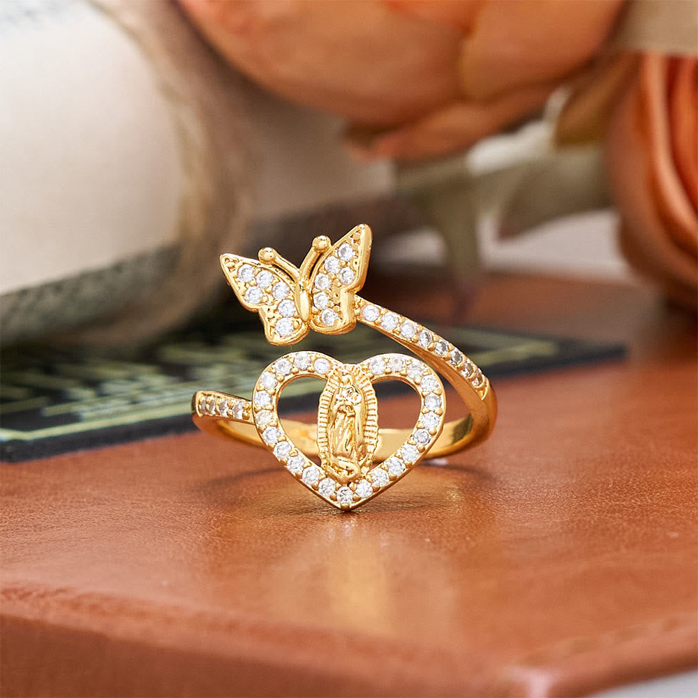 Christianartworkshop Ring mit Schmetterlings- und Herzmotiv: Symbol der heiligen Liebe und Gnade - Schmetterling und Unsere Liebe Frau - image 0