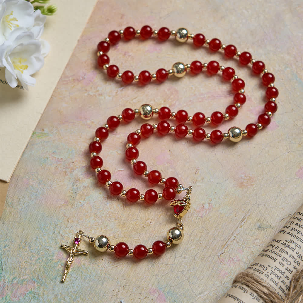 Christianartworkshop Rosenkranz der Göttlichen Liebe mit dem Heiligen Herzen Jesu, elegantem rotem Glas und goldenem Kruzifix - image 2