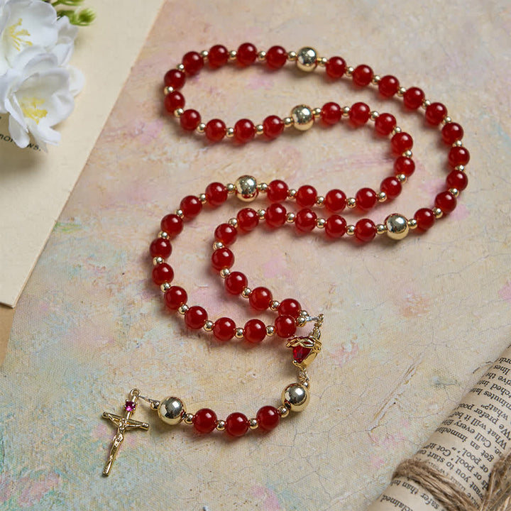 Christianartworkshop Rosenkranz der Göttlichen Liebe mit dem Heiligen Herzen Jesu, elegantem rotem Glas und goldenem Kruzifix - image 2