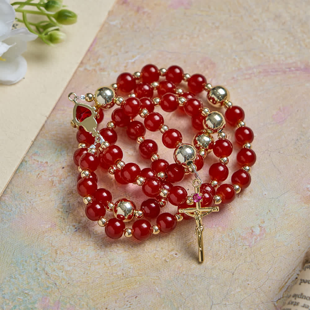 Christianartworkshop Rosenkranz der Göttlichen Liebe mit dem Heiligen Herzen Jesu, elegantem rotem Glas und goldenem Kruzifix - image 3