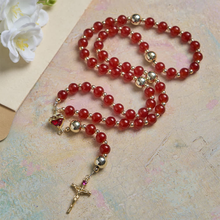 Christianartworkshop Rosenkranz der Göttlichen Liebe mit dem Heiligen Herzen Jesu, elegantem rotem Glas und goldenem Kruzifix - Heiliges Herz und Kruzifix - image 0