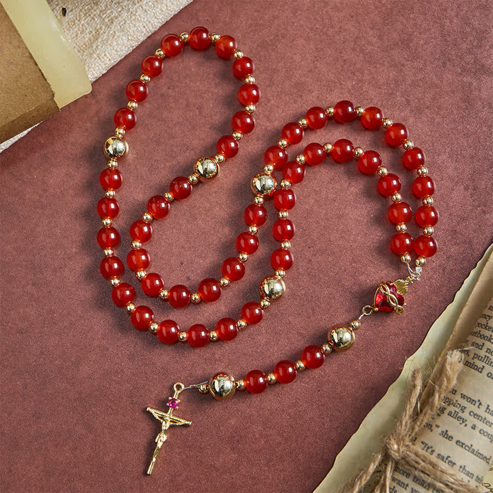 Christianartworkshop Rosenkranz der Göttlichen Liebe mit dem Heiligen Herzen Jesu, elegantem rotem Glas und goldenem Kruzifix - image 5