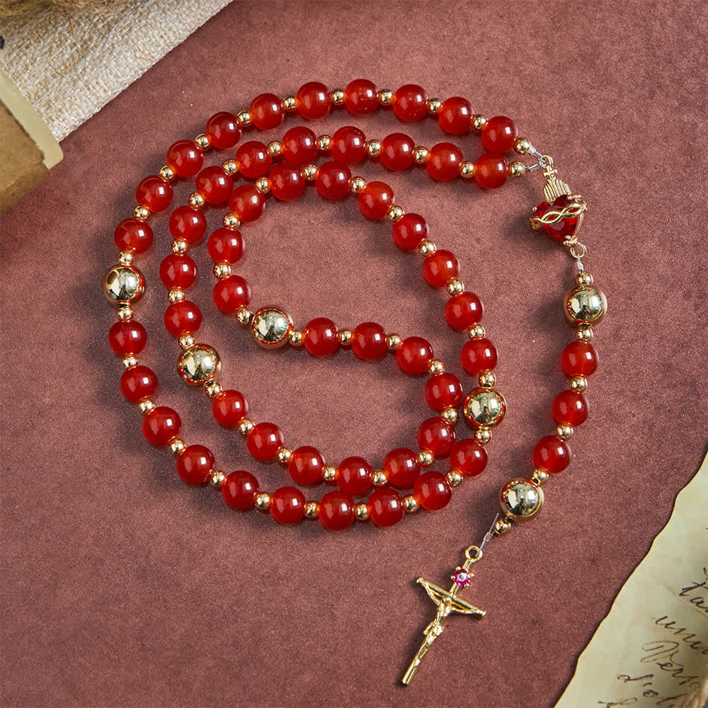 Christianartworkshop Rosenkranz der Göttlichen Liebe mit dem Heiligen Herzen Jesu, elegantem rotem Glas und goldenem Kruzifix - image 4