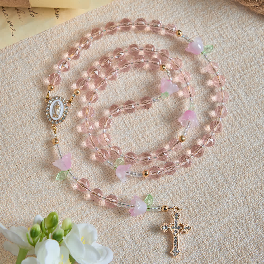 Christianartworkshop Rosenkranz mit Maiglöckchenmotiv, Marienverzierungen und rosa Perlen - image 2