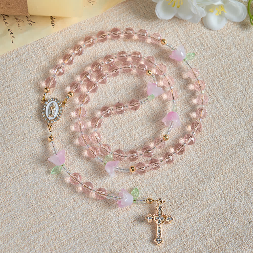 Christianartworkshop Rosenkranz mit Maiglöckchenmotiv, Marienverzierungen und rosa Perlen - image 5