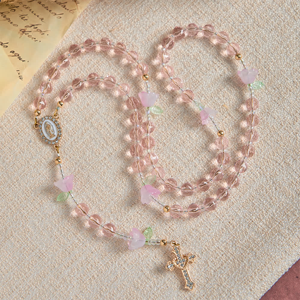Christianartworkshop Rosenkranz mit Maiglöckchenmotiv, Marienverzierungen und rosa Perlen - image 3