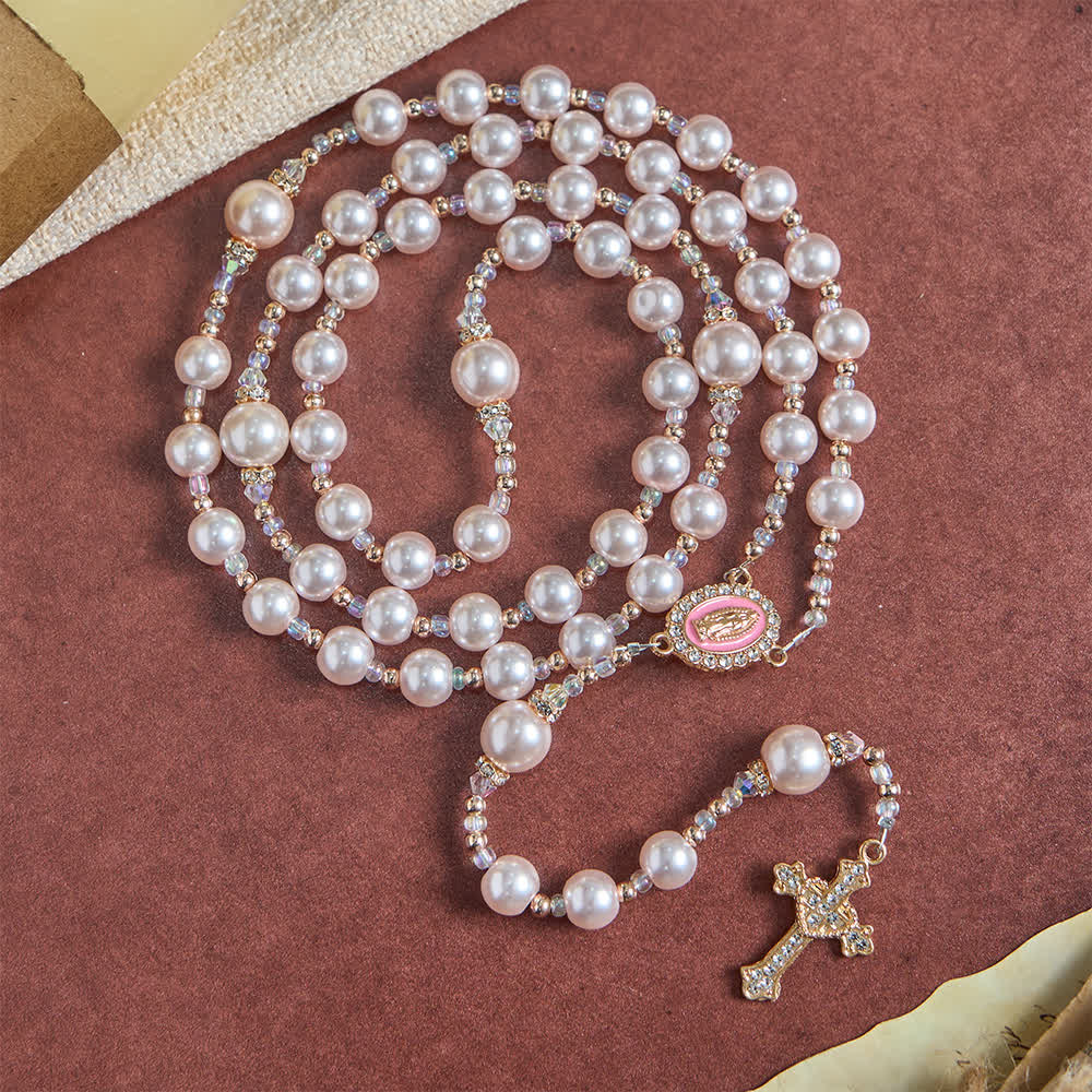 Christianartworkshop Eleganter katholischer Rosenkranz in zartem Pfirsichton mit Marienmotiv - Unsere Liebe Frau und das Kruzifix - image 0