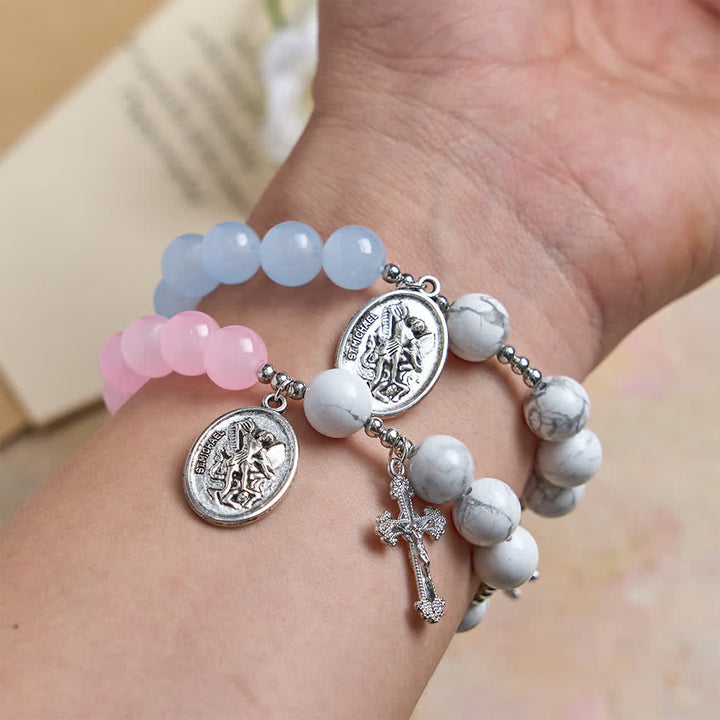 Christianartworkshop Armband aus natürlichem Howlithstein mit dem Heiligen Michael: Hellblau & Rosa – Doppelter spiritueller Schutz - image 18