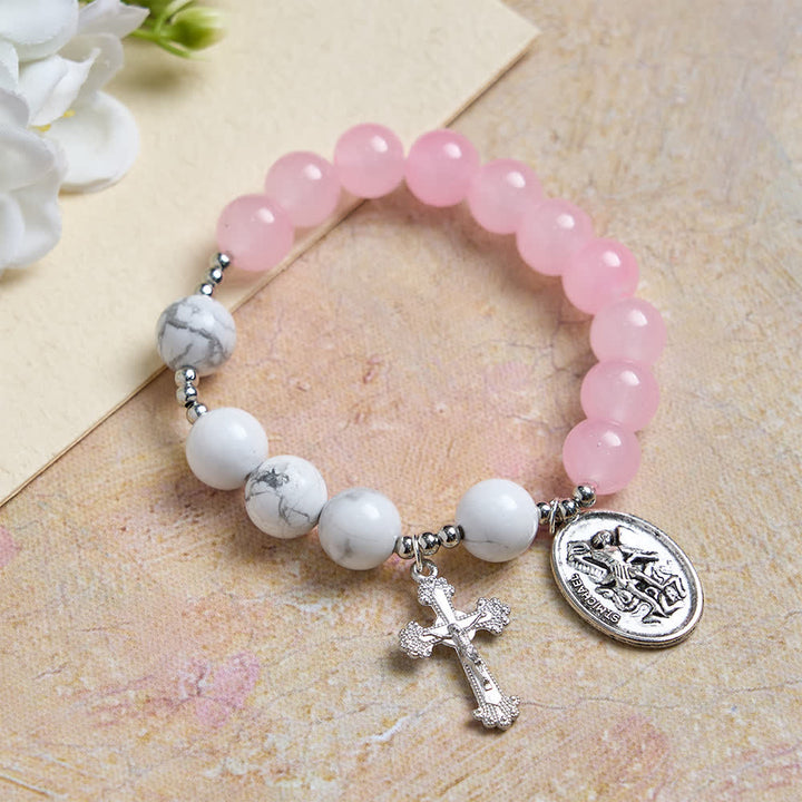 Christianartworkshop Armband aus natürlichem Howlithstein mit dem Heiligen Michael: Hellblau & Rosa – Doppelter spiritueller Schutz - Rosa - image 0