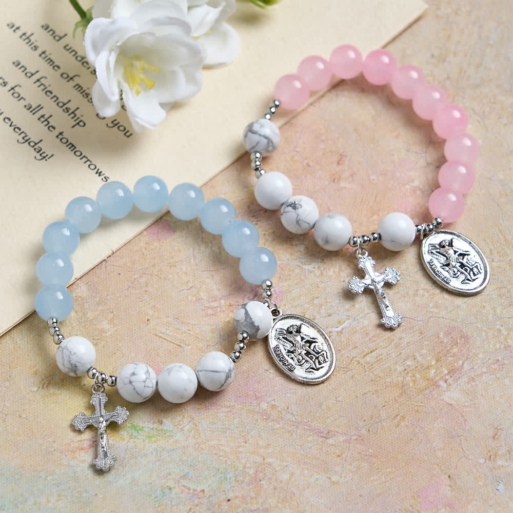 Christianartworkshop Armband aus natürlichem Howlithstein mit dem Heiligen Michael: Hellblau & Rosa – Doppelter spiritueller Schutz - Set mit 2 Stück (Rosa & Blau) - image 1