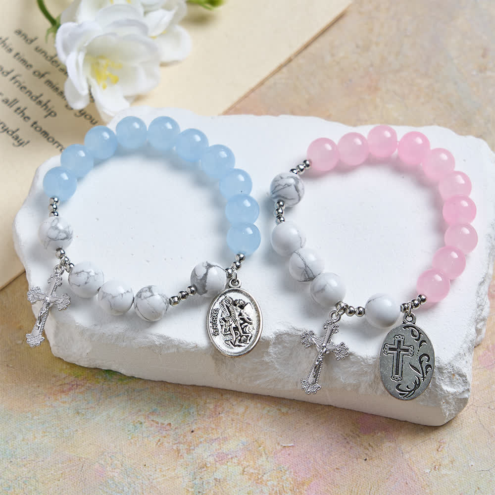 Christianartworkshop Armband aus natürlichem Howlithstein mit dem Heiligen Michael: Hellblau & Rosa – Doppelter spiritueller Schutz - image 17