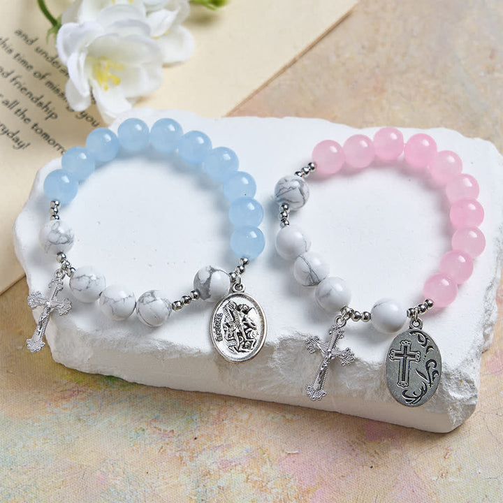 Christianartworkshop Armband aus natürlichem Howlithstein mit dem Heiligen Michael: Hellblau & Rosa – Doppelter spiritueller Schutz - image 17