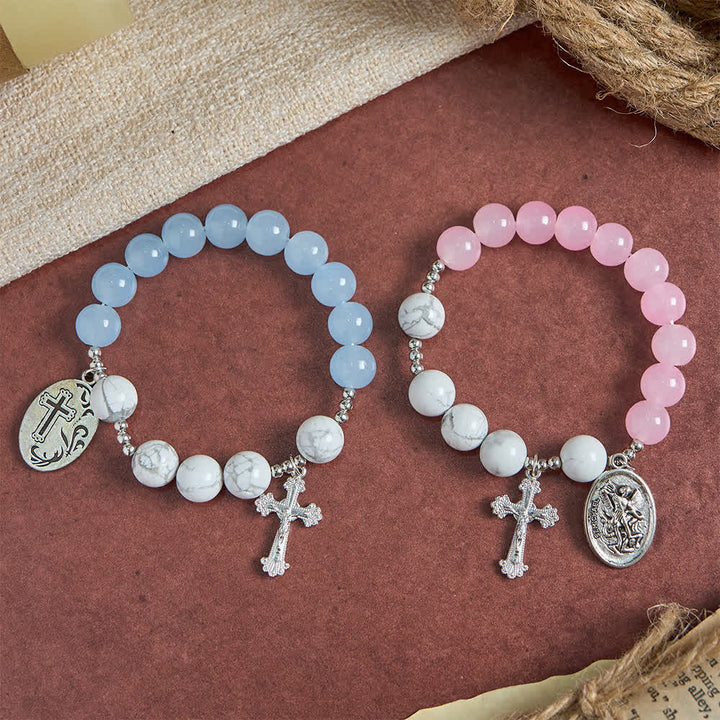 Christianartworkshop Armband aus natürlichem Howlithstein mit dem Heiligen Michael: Hellblau & Rosa – Doppelter spiritueller Schutz - image 19