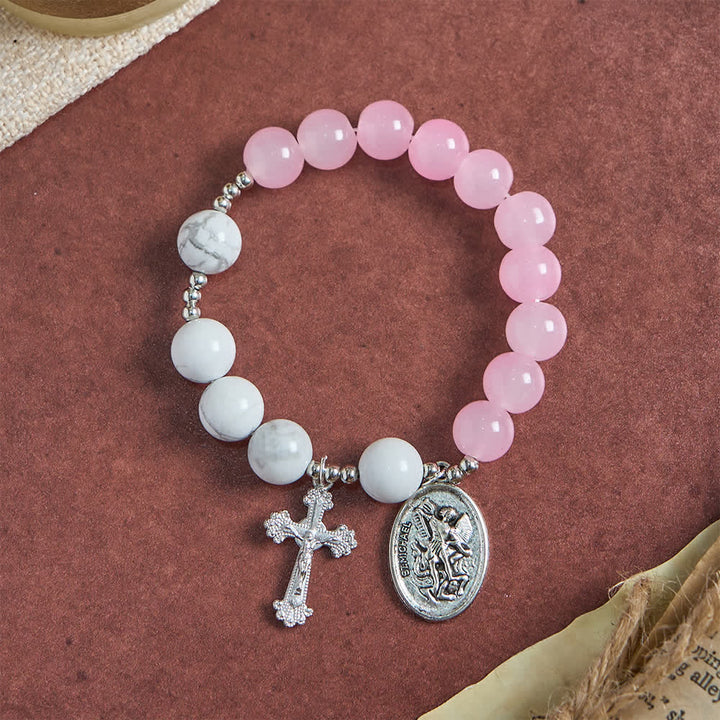 Christianartworkshop Armband aus natürlichem Howlithstein mit dem Heiligen Michael: Hellblau & Rosa – Doppelter spiritueller Schutz - image 4